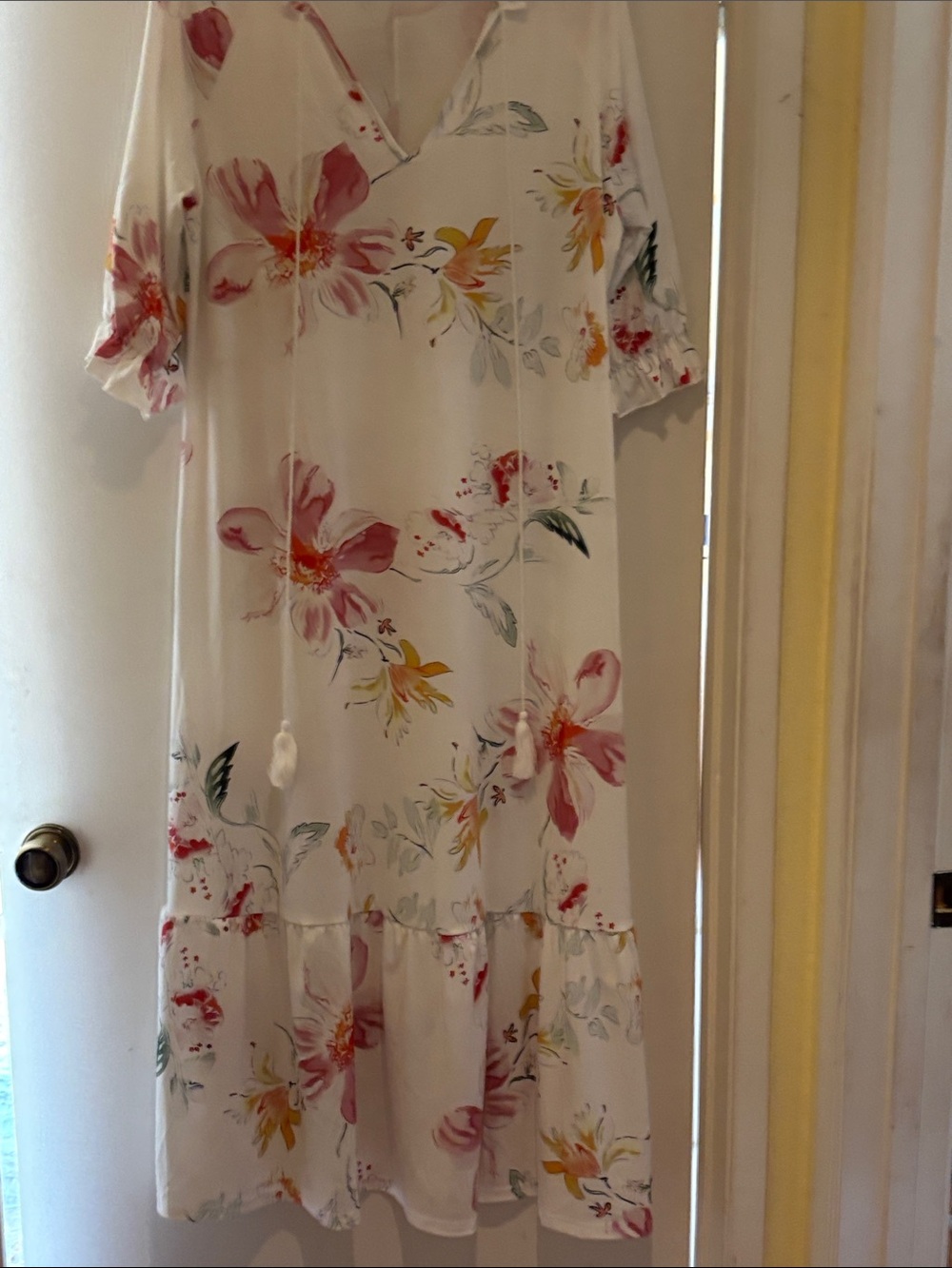 Floral V-Neck White Midi Dress with Pink & Yellow Blooms